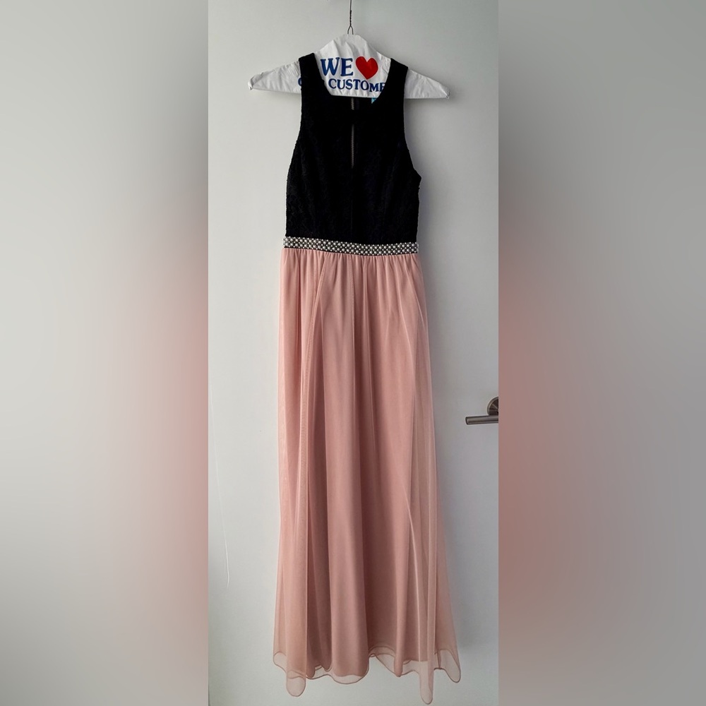 Elegant Black and Pink Gown with Pearl Detail